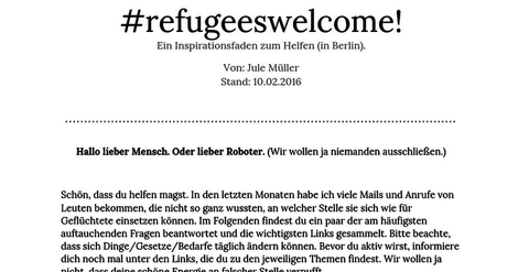 #refugeeswelcome!
Ein Inspirationsfaden zum Helfen (in Berlin).